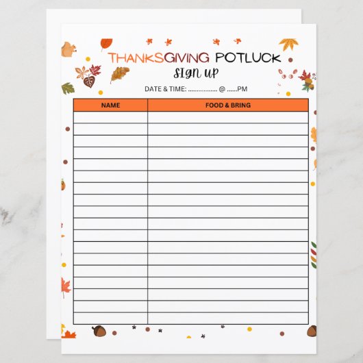 Thanksgiving Potluck Inscrivez-Vous À La Feuille D (Devant / Derrière)