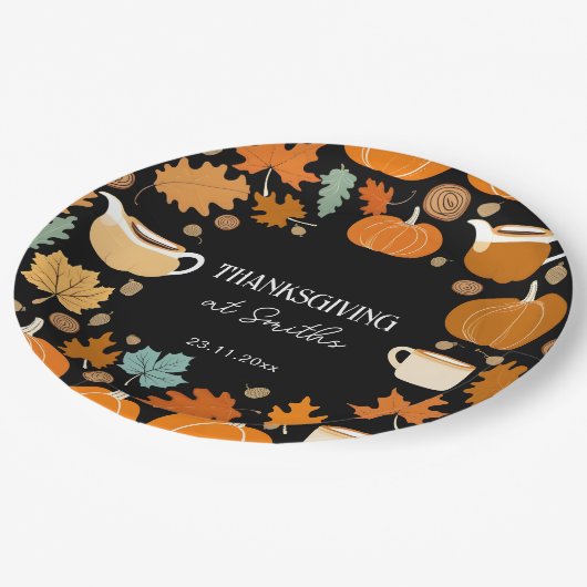 Thanksgiving retro stijl pompoenen esdoorn bladere papieren bordje (Gekanteld)