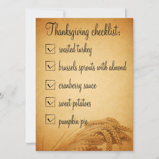 Thanksgiving Tarwe Food Checklist Kaart (Voorkant)