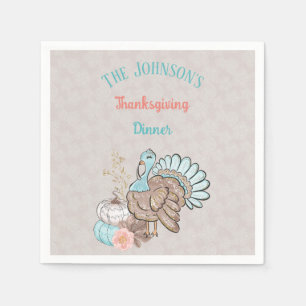 Thanksgiving Taupe Aqua Koraal Pompoenen Kalkoen Servet