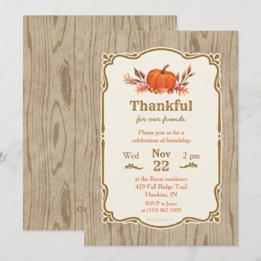 Thanksgiving Thankful Fall Citrouille Invitation (Devant / Derrière)