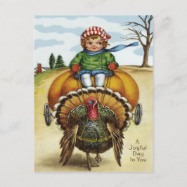Thanksgiving Turkey Boy Riding Pumpkin Feestdagenkaart