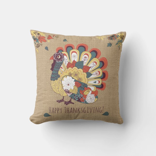 Thanksgiving Turkije op faux Burlap Pillow Kussen (Voorkant)