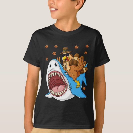 Thanksgiving Turkije Riding Shark Fun Peuter Boys T-shirt (Voorkant)