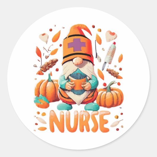 Thanksgiving Verpleegster Gnomen Herfst Scrub Ronde Sticker (Voorkant)