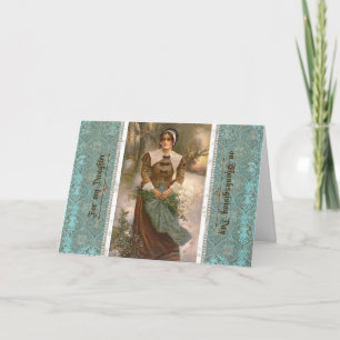 Thanksgiving voor dochter Pilgrim Woman in Winter Feestdagen Kaart