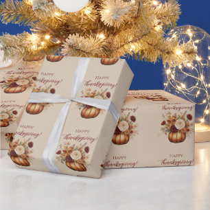 Thanksgiving-Waterverf Pompoen en Bloemen- Cadeaupapier