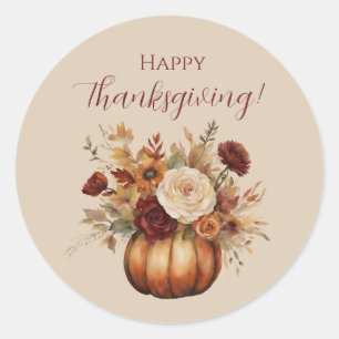 Thanksgiving-Waterverf Pompoen en Bloemen- Ronde Sticker