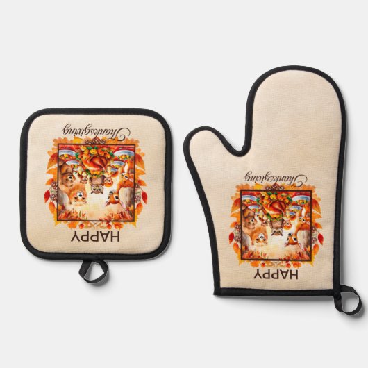 Thanksgiving Woodland Animals herfstbladeren Ovenwant & Pannenlap Set (Voorkant)