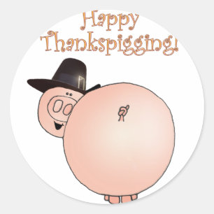"Thankspigging" Funny Cartoon Pig Thanksgiving Ronde Sticker