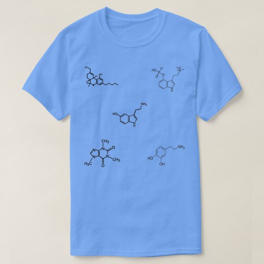 THC Psilocybin Caffeine Serotonine Dopamine Molecu T-shirt (Design voorkant)