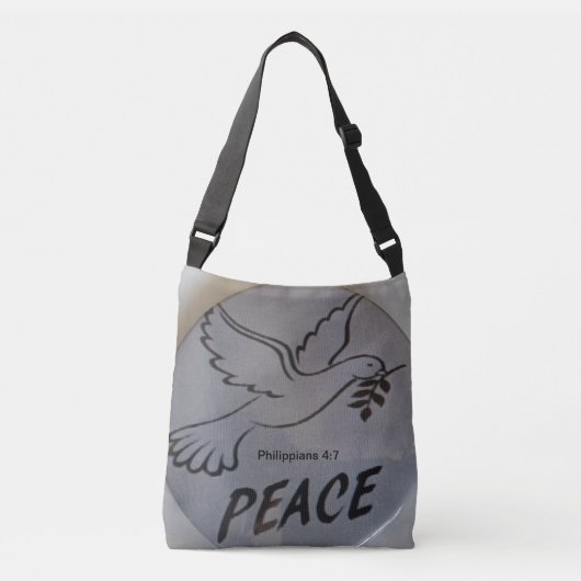 The bag features peace dove and scripture. crossbody tas (Voorkant)