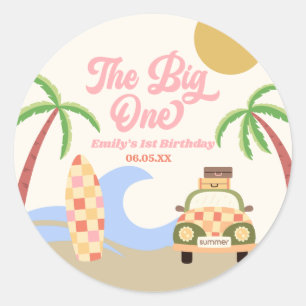 The Big One Beach Surf Roze 1e verjaardagsfeestje Ronde Sticker