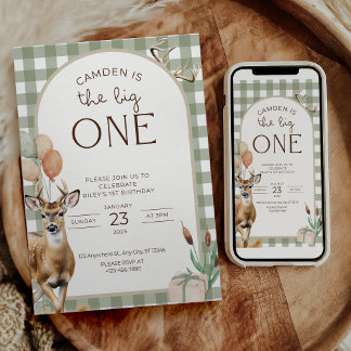 The Big One Deer Birthday Invitation Boys First  Kaart