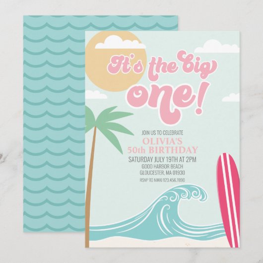 The Big One Pink Beach Birthday Invitation (Devant / Derrière)