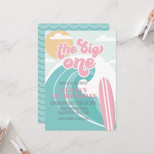 The Big One Pink Beach Birthday Invitation (Devant/Arrière en situation)