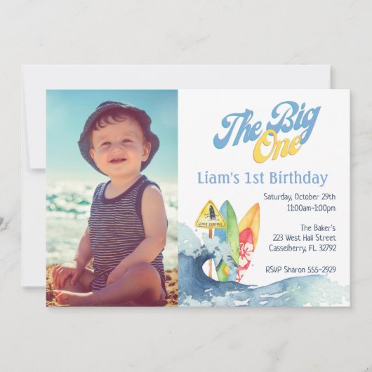 The Big One Surfer Baby First Birthday Invitations (Devant)