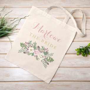 The Bride Dusty Pink Floral Boho Custom Wedding Tote Bag