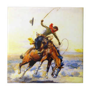 "The Bucker" Westerne kunst van Charles M Russell Tegeltje