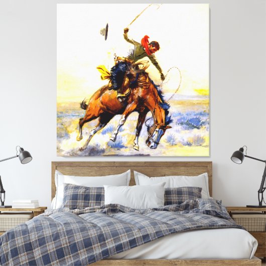 “The Bucker” Westerse kunst van Charles M Russell Canvas Afdruk (Insitu (Slaapkamer))
