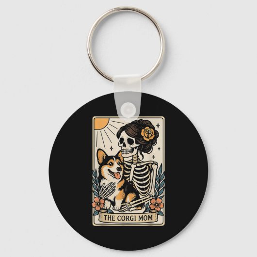 The Corgi Mom Tarot Card Skeleton Gothic Dog Sleutelhanger (Voorkant)