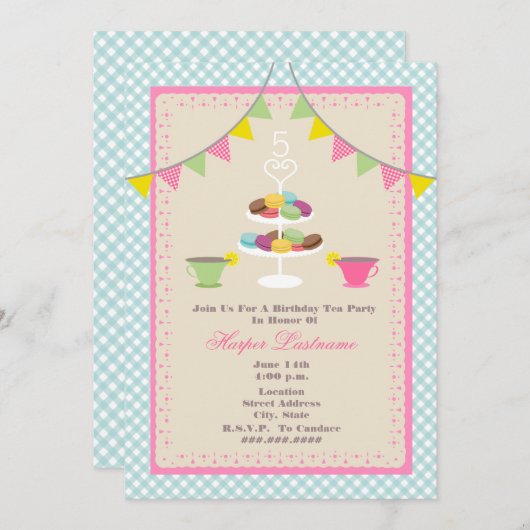 Thé d'anniversaire + Invitation de Macarons - bleu (Devant / Derrière)