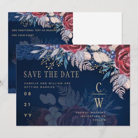 The Date Budget Burgundy Blue Floral dentelle Mariage SAVE  (Devant / Derrière)