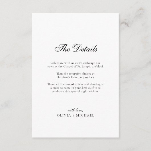 The Details Script Minimalist Wedding Informatiekaartje (Voorkant)