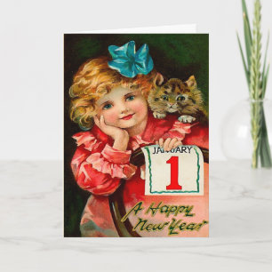 The Girl and the Cat - New Year Greeting Postcard Feestdagen Kaart