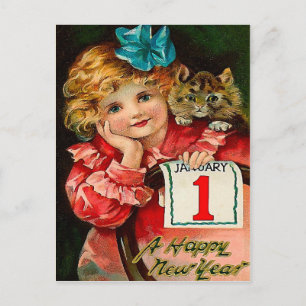 The Girl and the Cat - New Year Greeting Postcard Feestdagenkaart