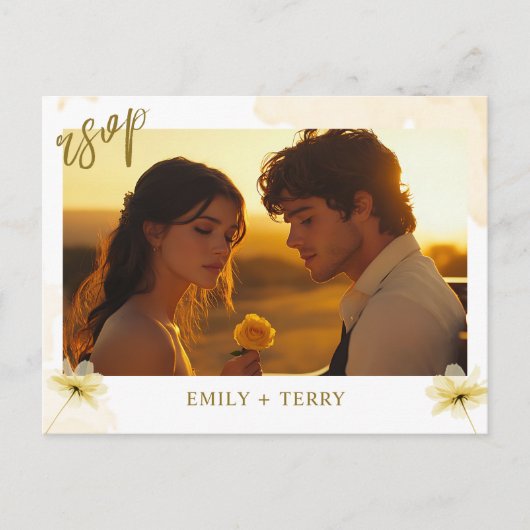 The Golden Hour Grace & Floral Photo Wedding RSVP Briefkaart (Voorkant)