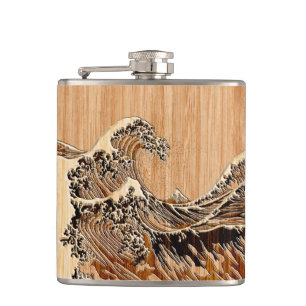 The Great Hokusai Wave Bamboo Wood Style Accent Heupfles