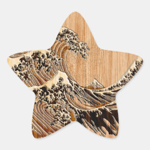 The Great Hokusai Wave Bamboo Wood Style Accent Ster Sticker
