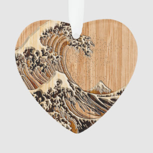 The Great Hokusai Wave Bamboo Wood Style Ornament