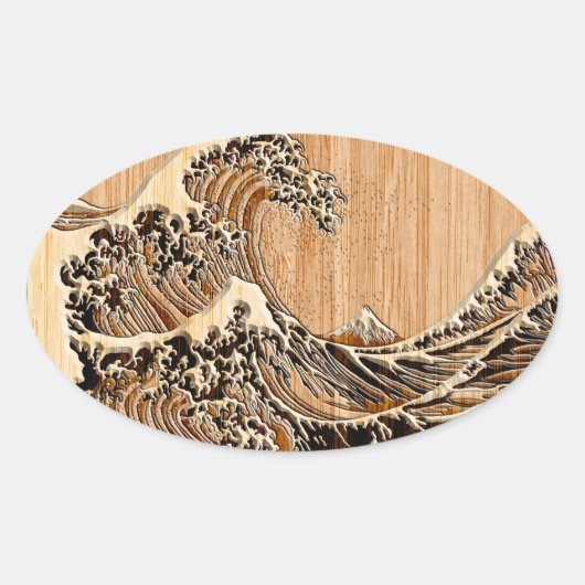 The Great Hokusai Wave Bamboo Wood Style Ovale Sticker (Voorkant)