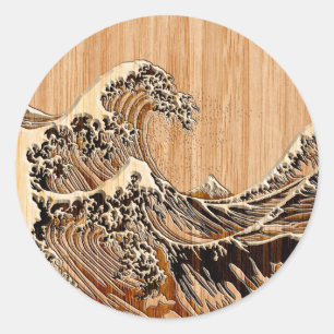 The Great Hokusai Wave Bamboo Wood Style Ronde Sticker