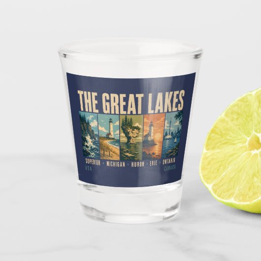 The Great Lakes Landmarks Illustration Vintage Shot Glas (Voorkant)