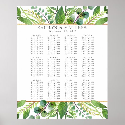 The Greenery & Gold Wedding Collectie Table Plan Poster (Voorkant)