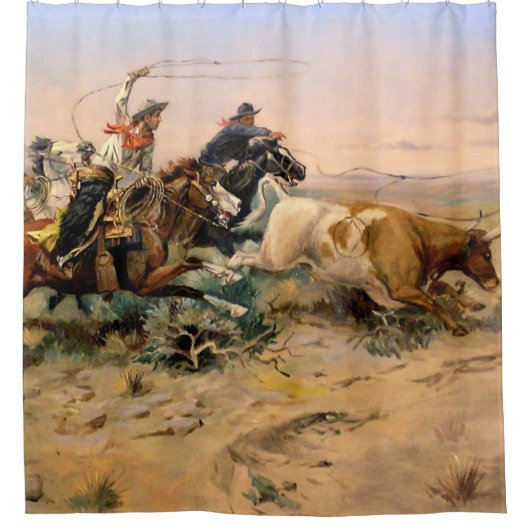 "The Herd Quitter" Westerne kunst van Charles M Ru Douchegordijn (Voorkant)