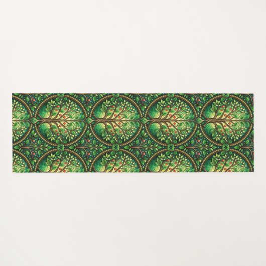 The image shows two views of a patterned yoga mat (Achterkant (horizontaal))