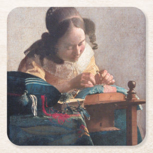 The Lacemaker, Johannes Vermeer, 1669-1670 Vierkante Kartonnen Onderzetter