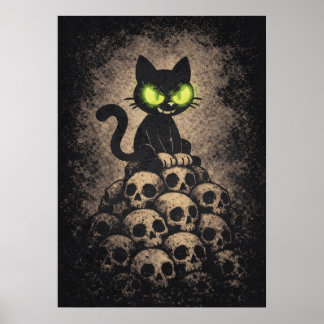 The Last Hiss - Retro Cat On Skulls, Dark Cartoon Poster