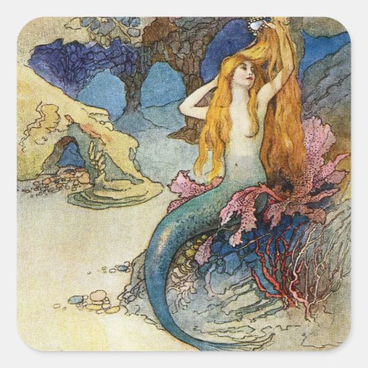 "The Mermaid" van Warwick Goble Vierkante Sticker (Voorkant)