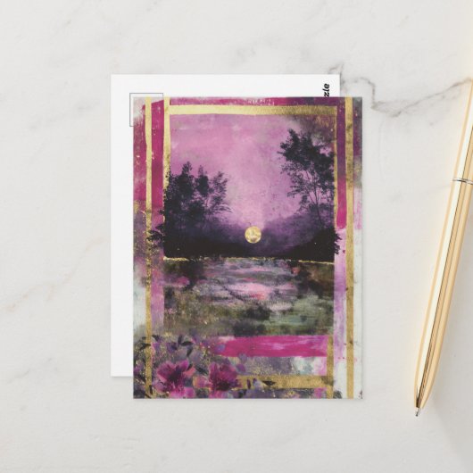 The Moonlit Pond Mixed Media Collage Briefkaart (Voorkant / Achterkant in situ)