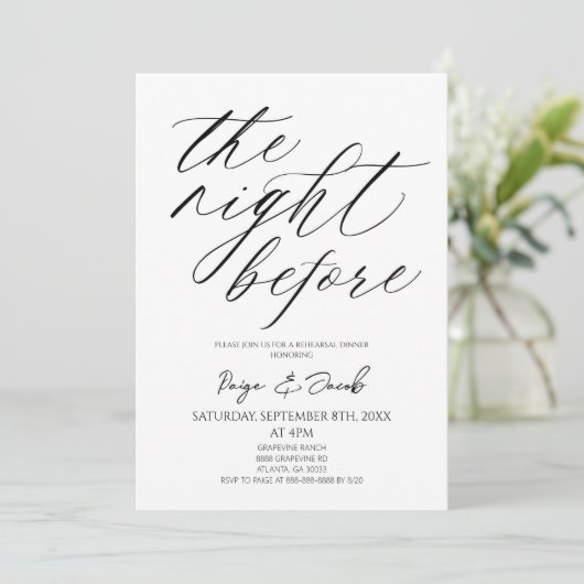 The Night Before Minimal Wedding Rehearsal Dinner Kaart (Staand voorkant)