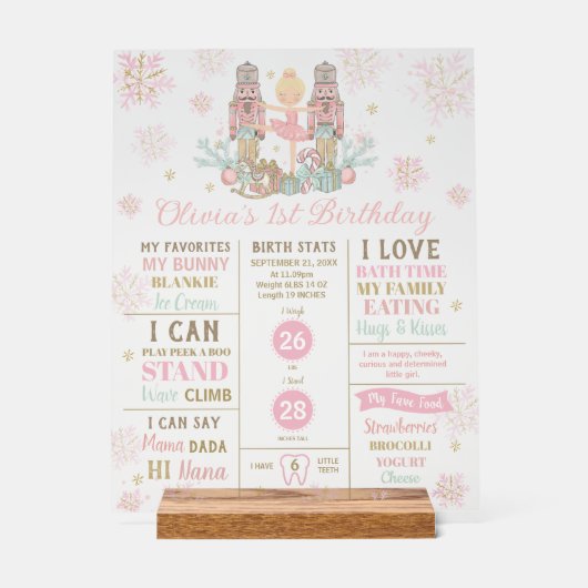 The Nutcracker 1st Birthday Milestone Birth Stats  Acryl Bord (Voorkant)