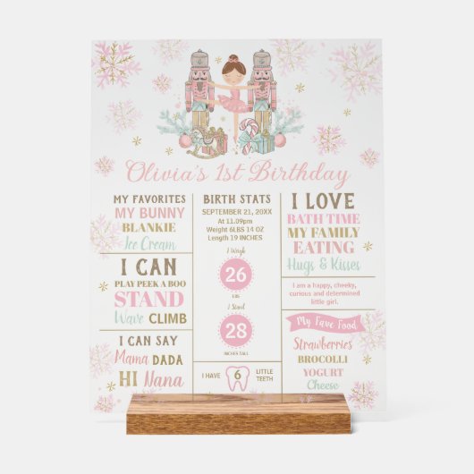The Nutcracker 1st Birthday Milestone Birth Stats  Acryl Bord (Voorkant)