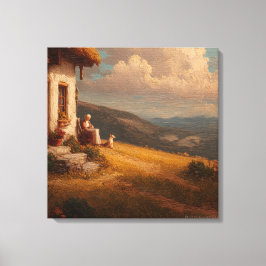 The Old Lady and Her Dog Canvas Afdruk