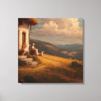 The Old Lady and Her Dog Canvas Afdruk