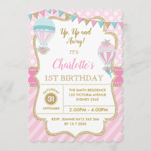 The Pink Gold Hot Air ballon Birthday Party Invite Kaart